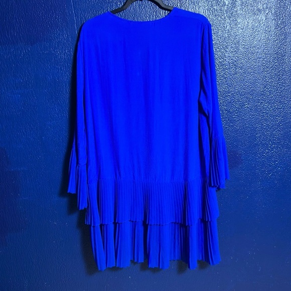 Zara Mini Dress Women Royal Blue Accordion 3/4 Bell Sleeve Tier Pleated Hem - Picture 5 of 9
